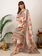 Embroidered & Printed Asymmetric Kurta With Palazzo & Printed Dupatta, Cream - Hiral Fashion