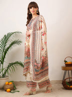 Embroidered & Printed Asymmetric Kurta With Palazzo & Printed Dupatta, Cream - Hiral Fashion
