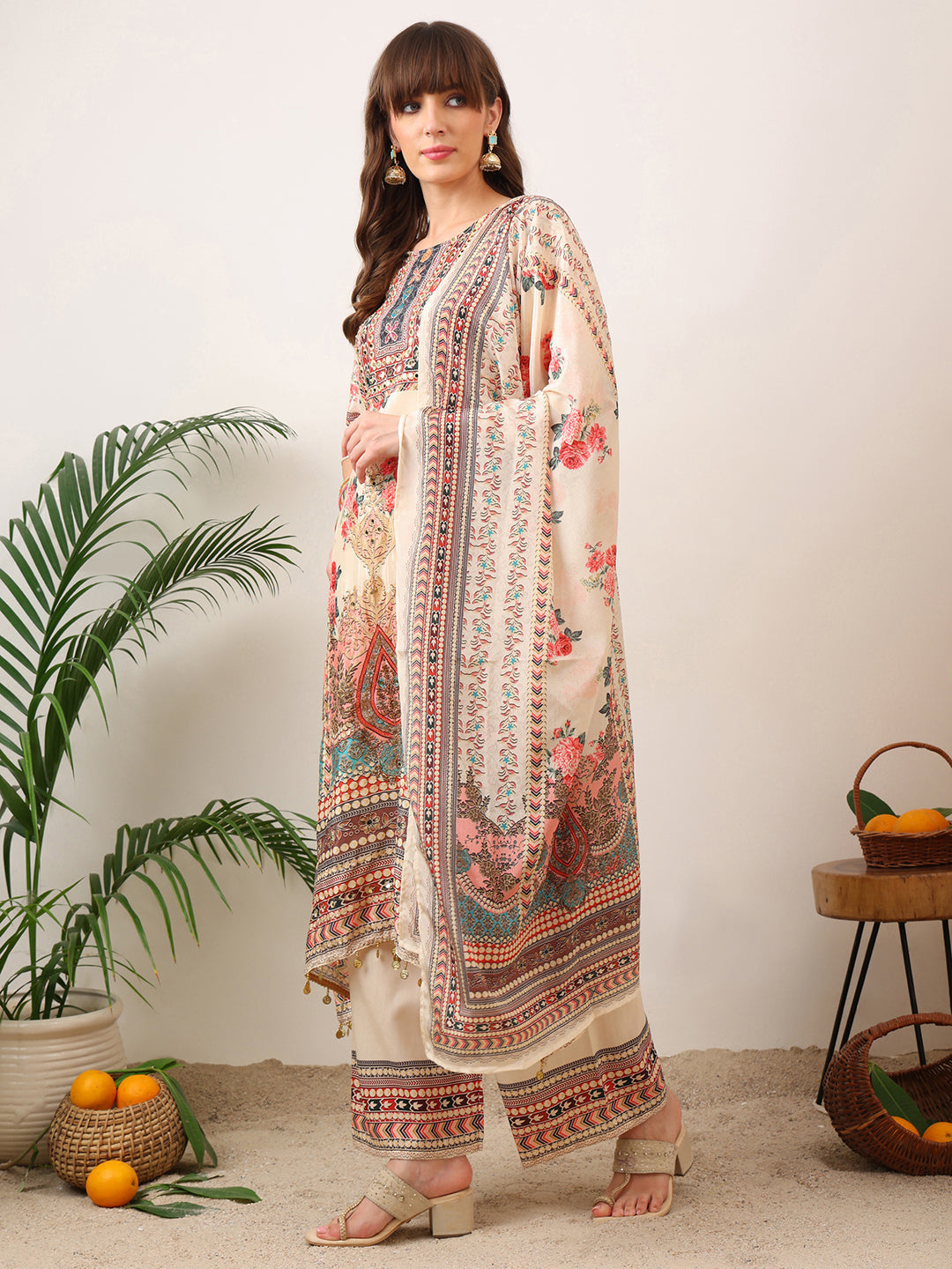Embroidered & Printed Asymmetric Kurta With Palazzo & Printed Dupatta, Cream - Hiral Fashion