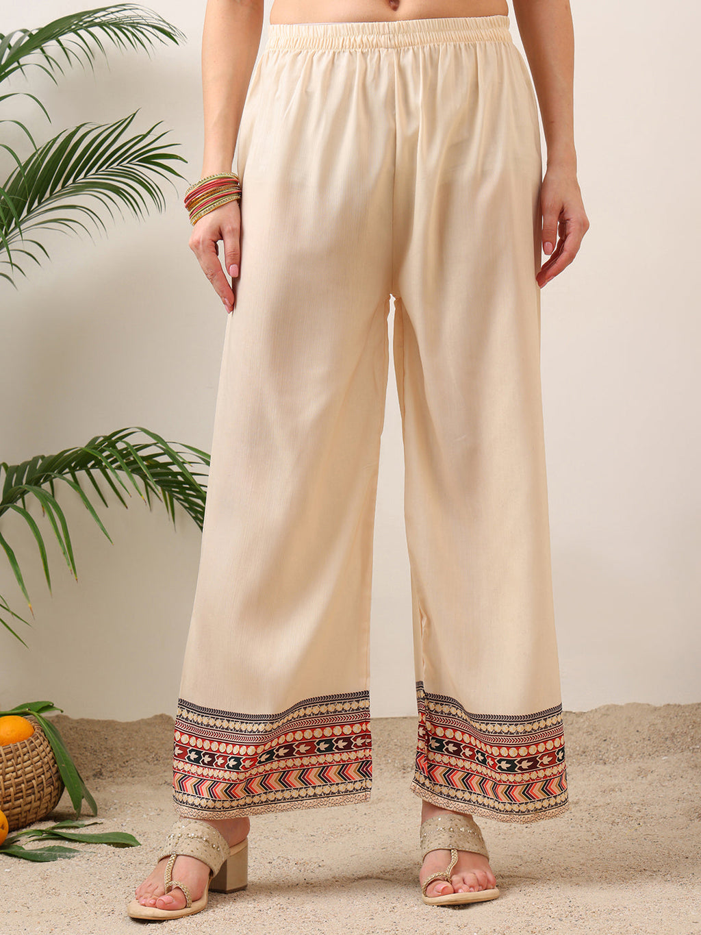 Embroidered & Printed Asymmetric Kurta With Palazzo & Printed Dupatta, Cream - Hiral Fashion