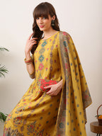 Embroidered & Printed Asymmetric Kurta With Palazzo & Printed Dupatta, Mustard - Hiral Fashion