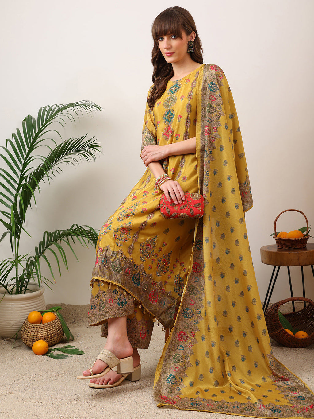 Embroidered & Printed Asymmetric Kurta With Palazzo & Printed Dupatta, Mustard - Hiral Fashion
