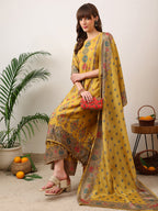 Embroidered & Printed Asymmetric Kurta With Palazzo & Printed Dupatta, Mustard - Hiral Fashion