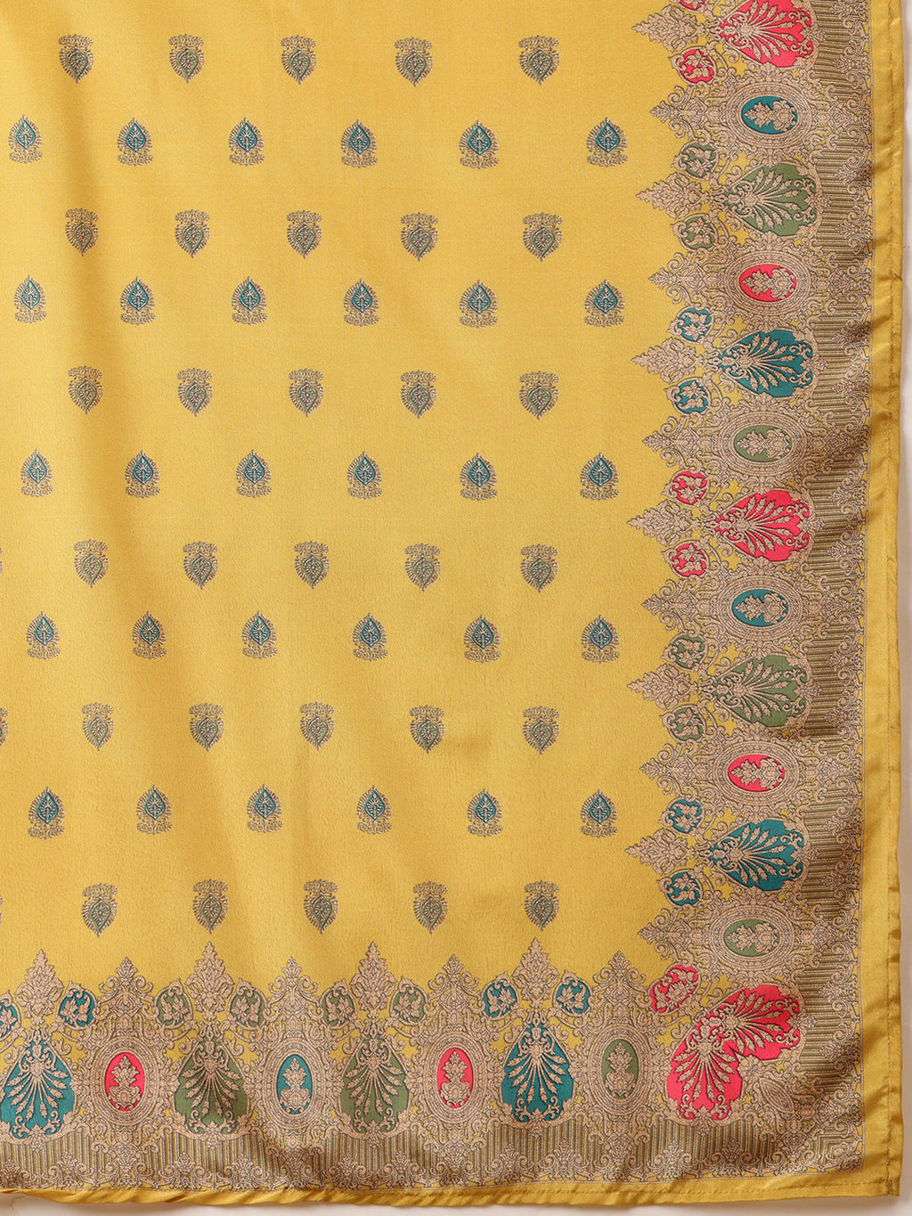 Embroidered & Printed Asymmetric Kurta With Palazzo & Printed Dupatta, Mustard - Hiral Fashion