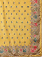 Embroidered & Printed Asymmetric Kurta With Palazzo & Printed Dupatta, Mustard - Hiral Fashion