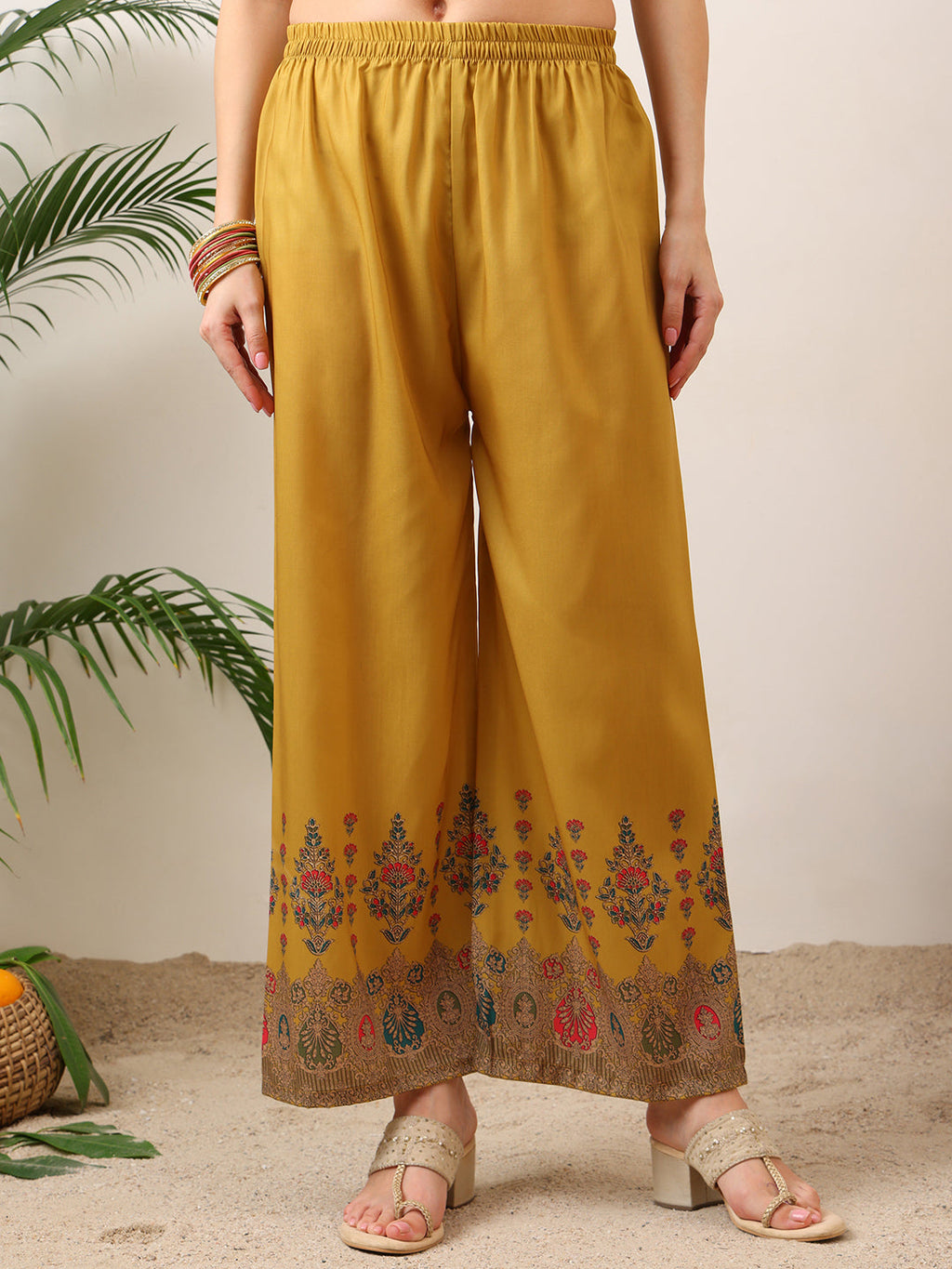 Embroidered & Printed Asymmetric Kurta With Palazzo & Printed Dupatta, Mustard - Hiral Fashion
