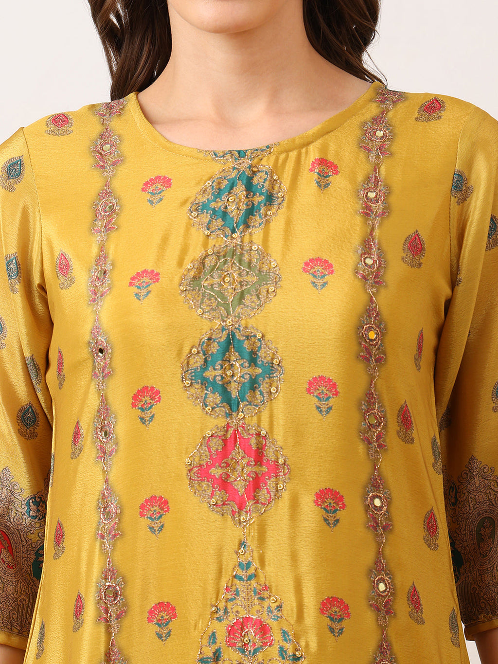 Embroidered & Printed Asymmetric Kurta With Palazzo & Printed Dupatta, Mustard - Hiral Fashion