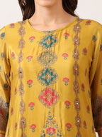 Embroidered & Printed Asymmetric Kurta With Palazzo & Printed Dupatta, Mustard - Hiral Fashion