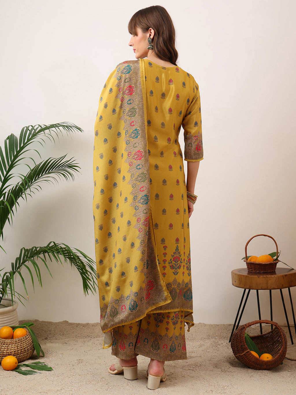 Embroidered & Printed Asymmetric Kurta With Palazzo & Printed Dupatta, Mustard - Hiral Fashion