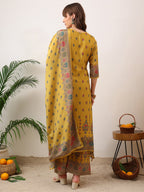 Embroidered & Printed Asymmetric Kurta With Palazzo & Printed Dupatta, Mustard - Hiral Fashion