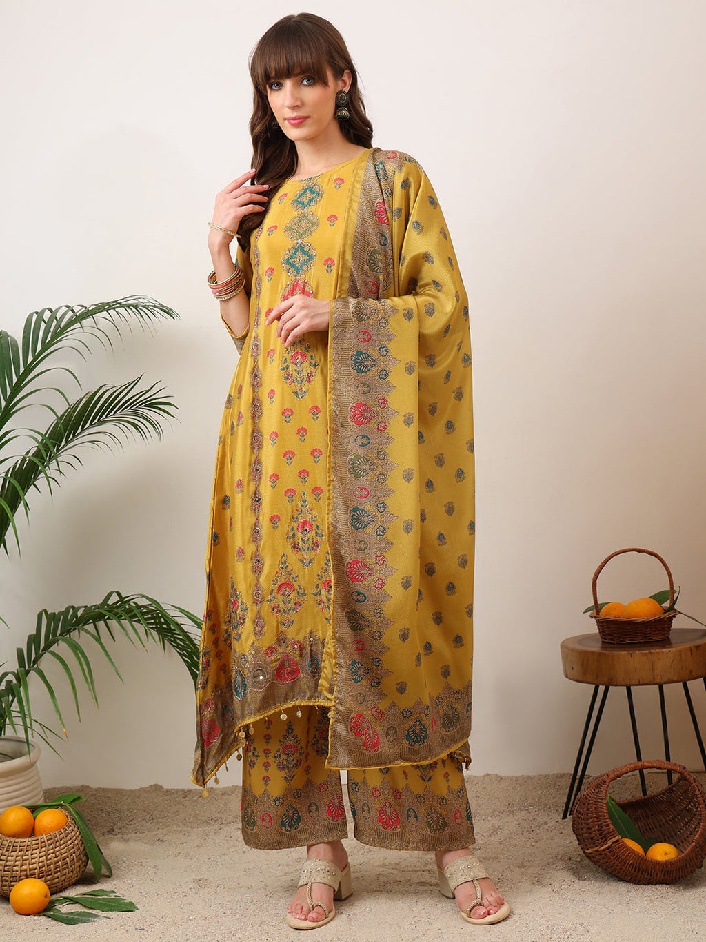 Embroidered & Printed Asymmetric Kurta With Palazzo & Printed Dupatta, Mustard - Hiral Fashion