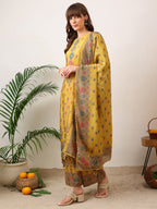 Embroidered & Printed Asymmetric Kurta With Palazzo & Printed Dupatta, Mustard - Hiral Fashion