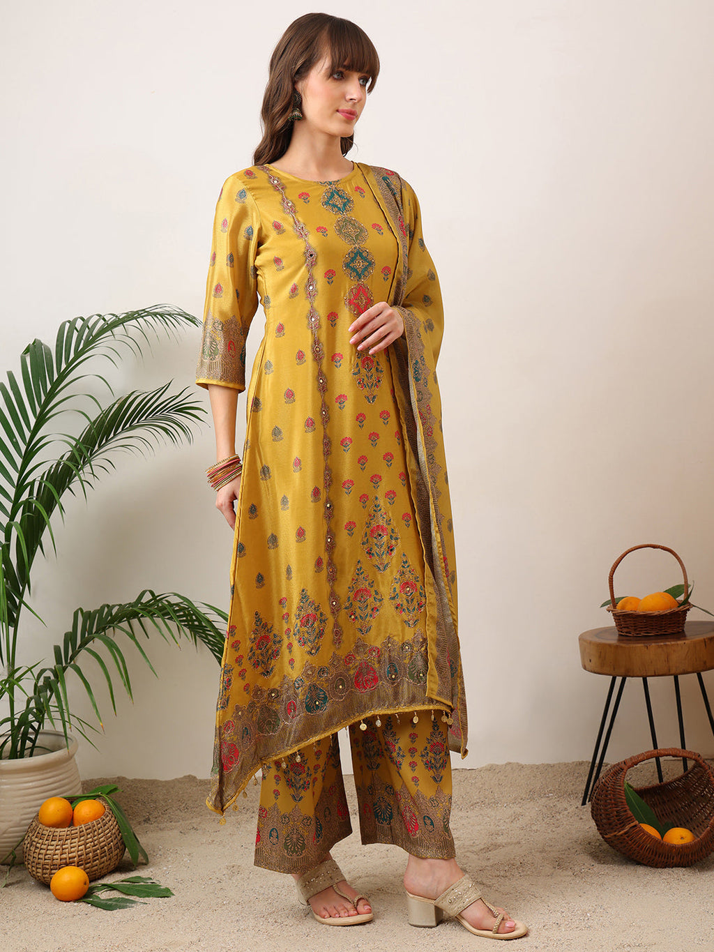 Embroidered & Printed Asymmetric Kurta With Palazzo & Printed Dupatta, Mustard - Hiral Fashion