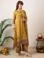 Embroidered & Printed Asymmetric Kurta With Palazzo & Printed Dupatta, Mustard - Hiral Fashion