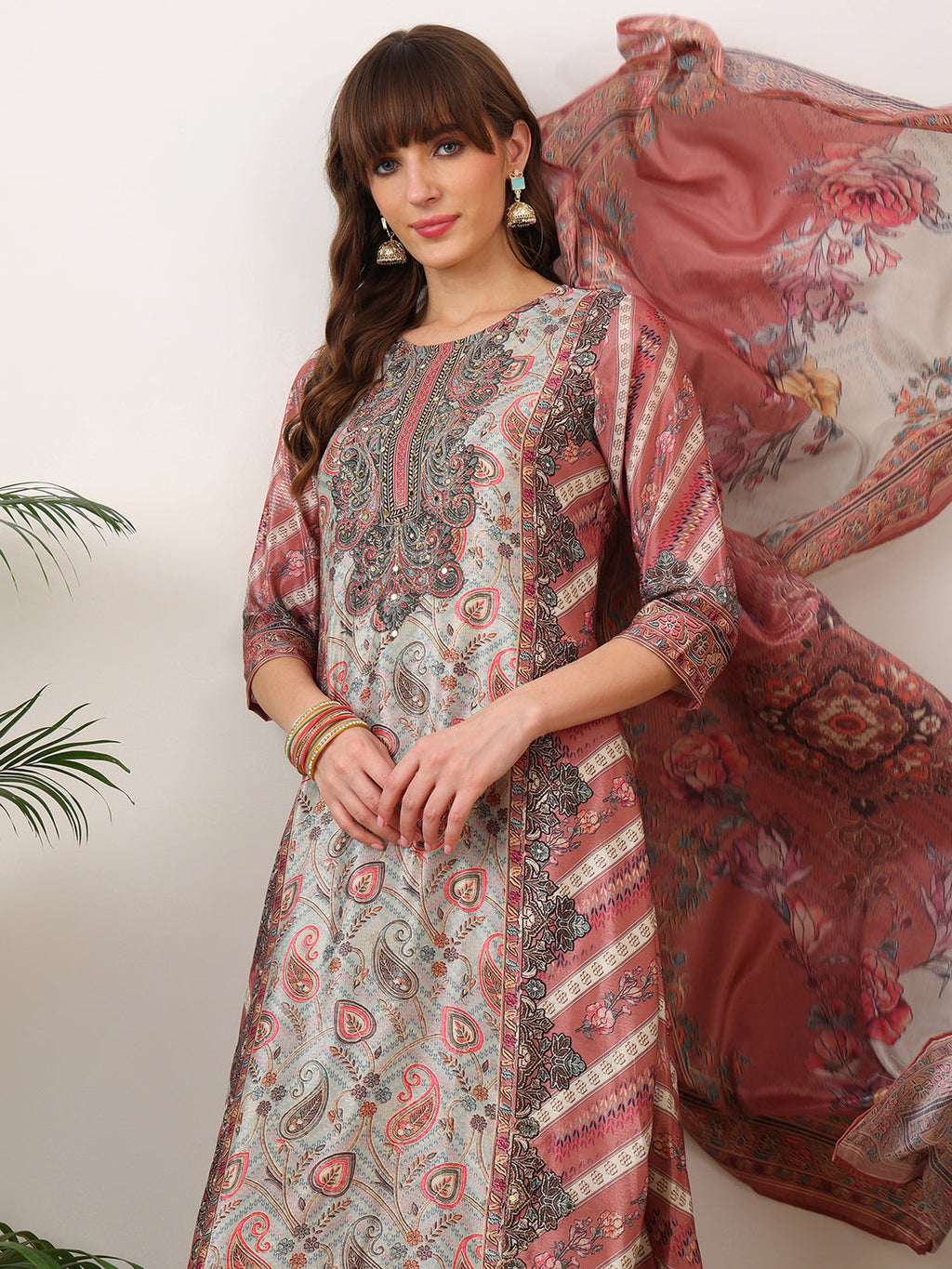 Embroidered & Printed Asymmetric Kurta With Palazzo & Printed Dupatta, Pink - Hiral Fashion - Distacart