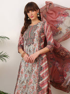 Embroidered & Printed Asymmetric Kurta With Palazzo & Printed Dupatta, Pink - Hiral Fashion - Distacart