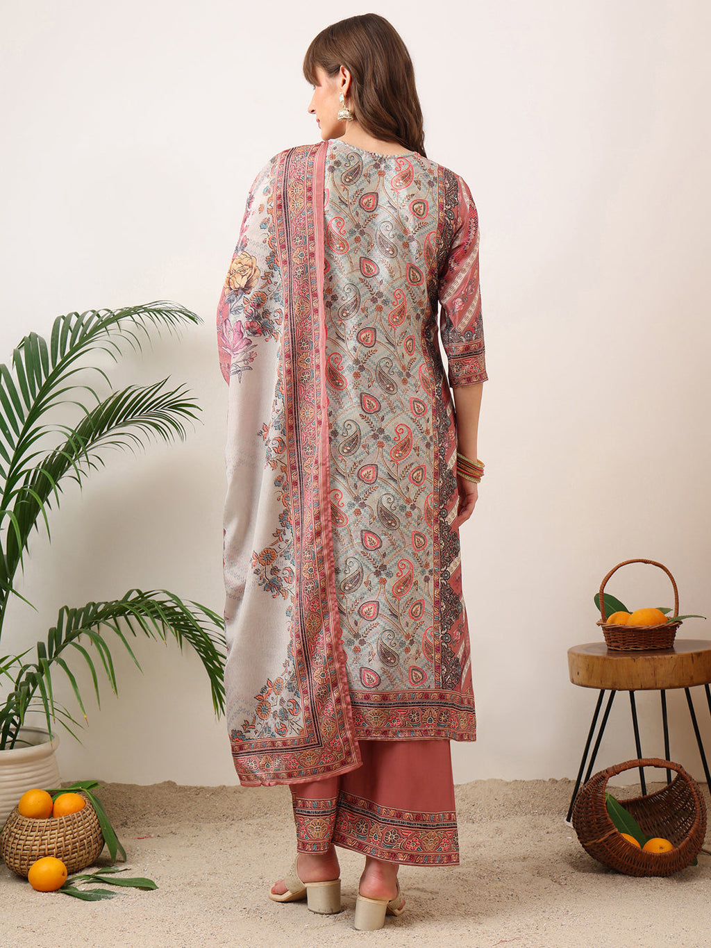 Embroidered & Printed Asymmetric Kurta With Palazzo & Printed Dupatta, Pink - Hiral Fashion - Distacart