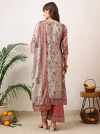 Embroidered & Printed Asymmetric Kurta With Palazzo & Printed Dupatta, Pink - Hiral Fashion - Distacart