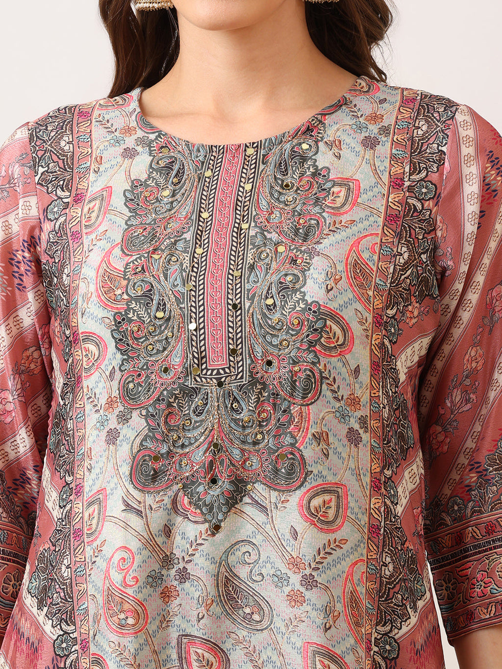 Embroidered & Printed Asymmetric Kurta With Palazzo & Printed Dupatta, Pink - Hiral Fashion - Distacart