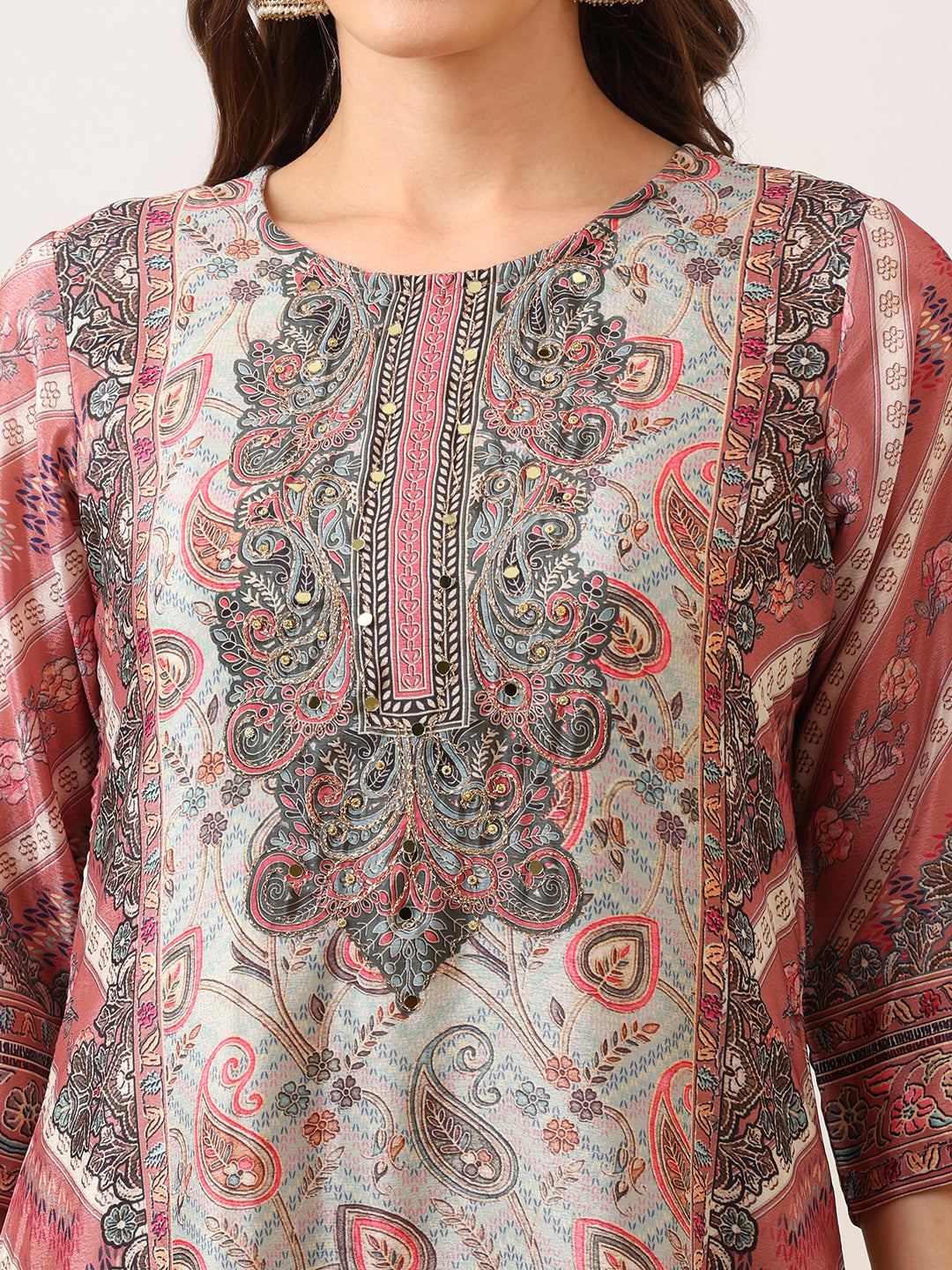 Embroidered & Printed Asymmetric Kurta With Palazzo & Printed Dupatta, Pink - Hiral Fashion - Distacart