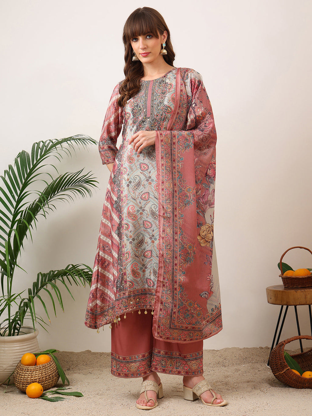 Embroidered & Printed Asymmetric Kurta With Palazzo & Printed Dupatta, Pink - Hiral Fashion - Distacart