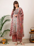 Embroidered & Printed Asymmetric Kurta With Palazzo & Printed Dupatta, Pink - Hiral Fashion - Distacart
