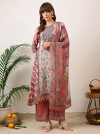 Embroidered & Printed Asymmetric Kurta With Palazzo & Printed Dupatta, Pink - Hiral Fashion - Distacart