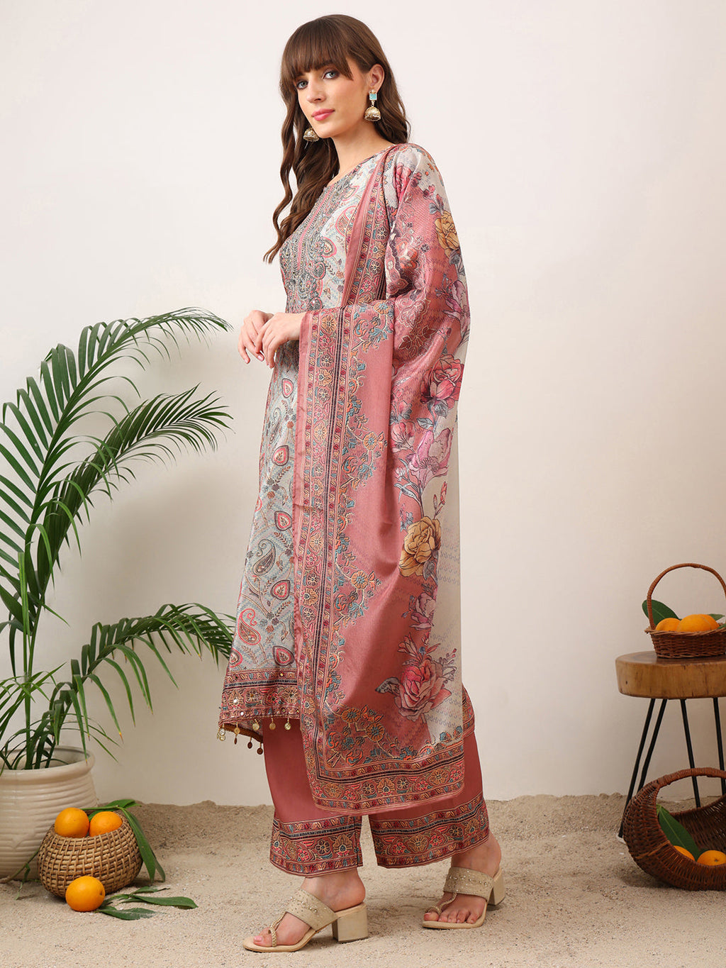 Embroidered & Printed Asymmetric Kurta With Palazzo & Printed Dupatta, Pink - Hiral Fashion - Distacart