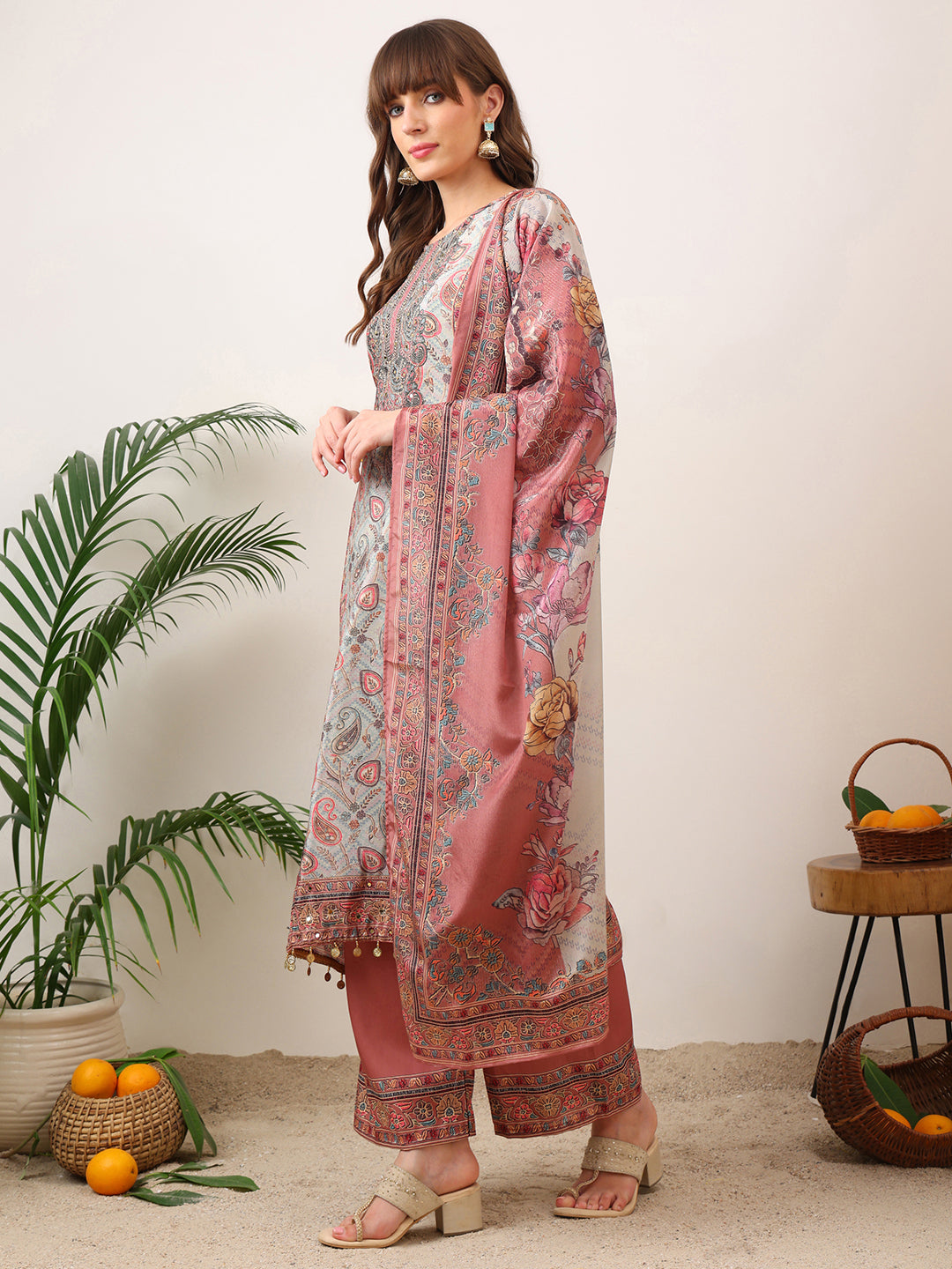 Embroidered & Printed Asymmetric Kurta With Palazzo & Printed Dupatta, Pink - Hiral Fashion - Distacart