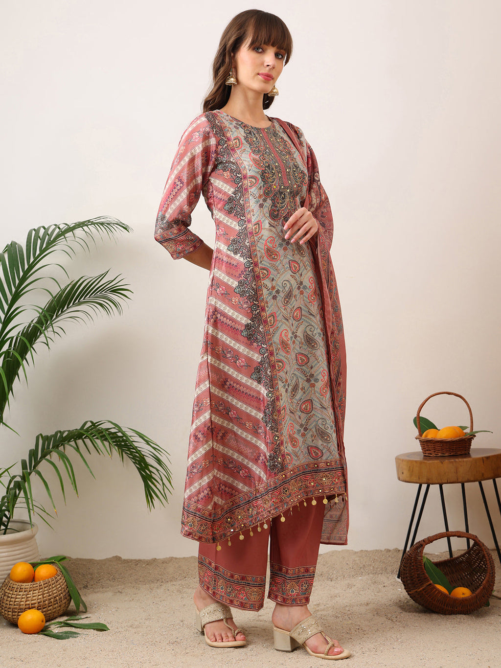 Embroidered & Printed Asymmetric Kurta With Palazzo & Printed Dupatta, Pink - Hiral Fashion - Distacart