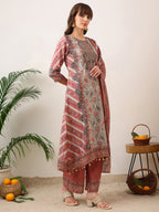 Embroidered & Printed Asymmetric Kurta With Palazzo & Printed Dupatta, Pink - Hiral Fashion - Distacart