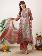 Embroidered & Printed Asymmetric Kurta With Palazzo & Printed Dupatta, Pink - Hiral Fashion - Distacart
