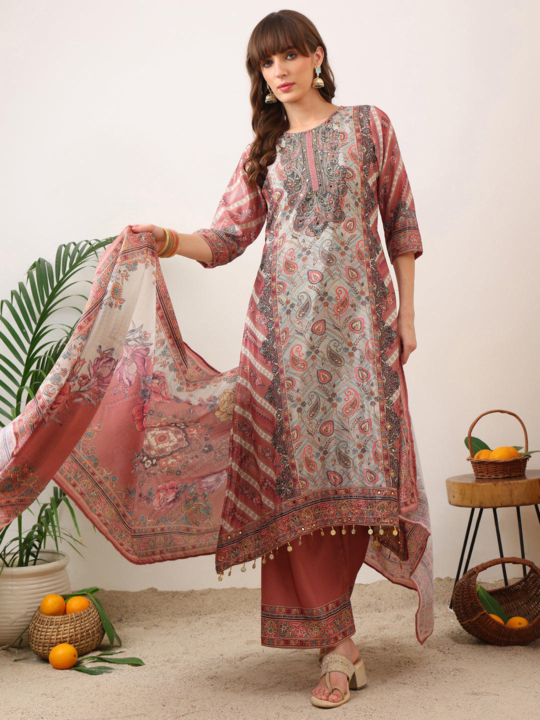 Embroidered & Printed Asymmetric Kurta With Palazzo & Printed Dupatta, Pink - Hiral Fashion - Distacart