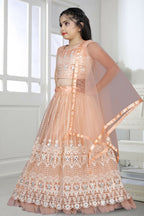 Wedding Designer Peach Net Kidswear Lehenga - Aaradhna