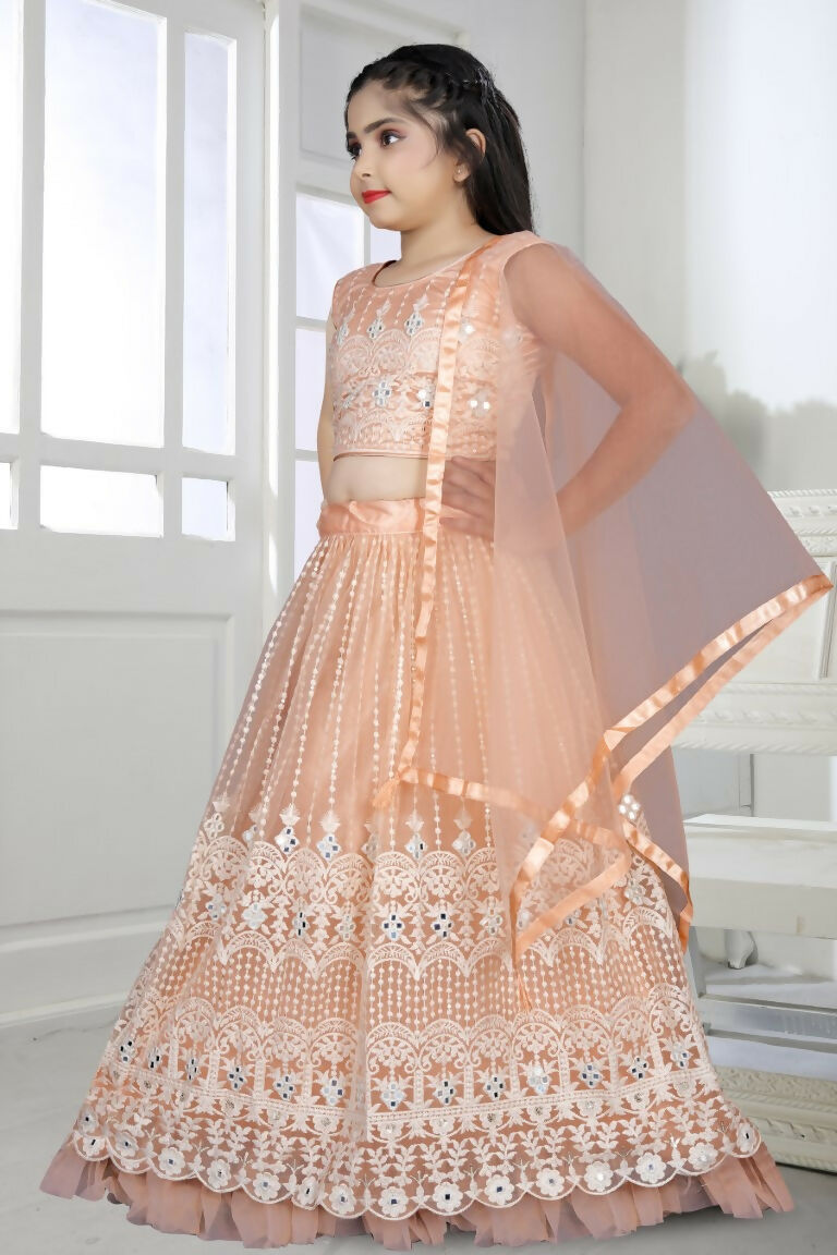 Wedding Designer Peach Net Kidswear Lehenga - Aaradhna