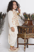 Little Bansi Banarsi Red Tulip Embroidery Jacket With Cotton Kantha kurta And Kantha Dhoti - Cream