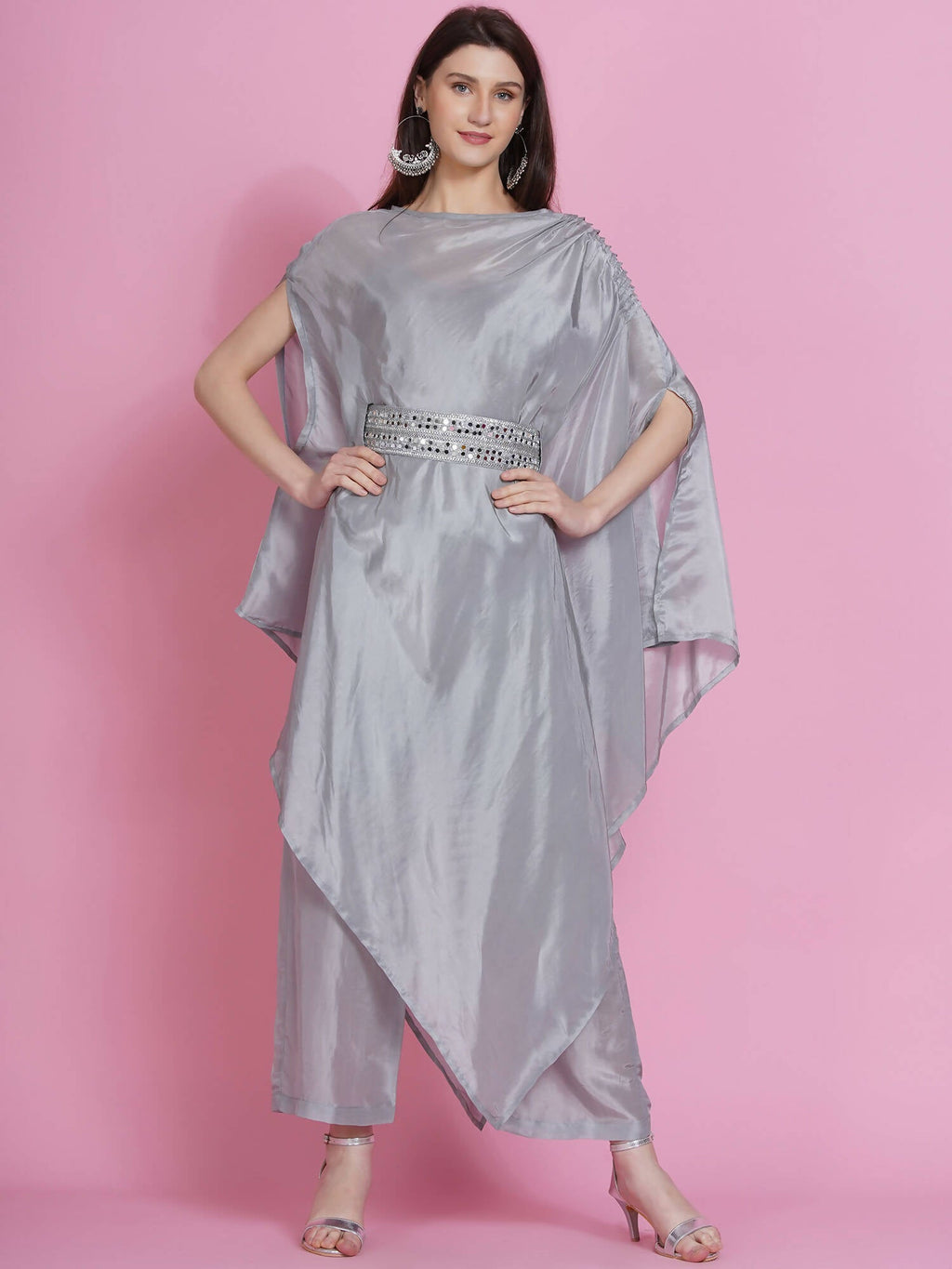 Women Republic Grey Opara Silk Kurta With Belt And Palazzo - Distacart