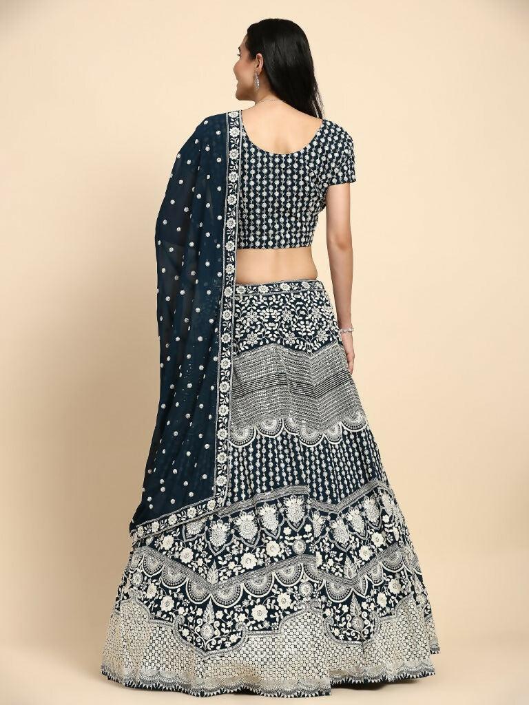 Blue Georgette Thread Embroidered Lehenga Choli with Dupatta - Tanya