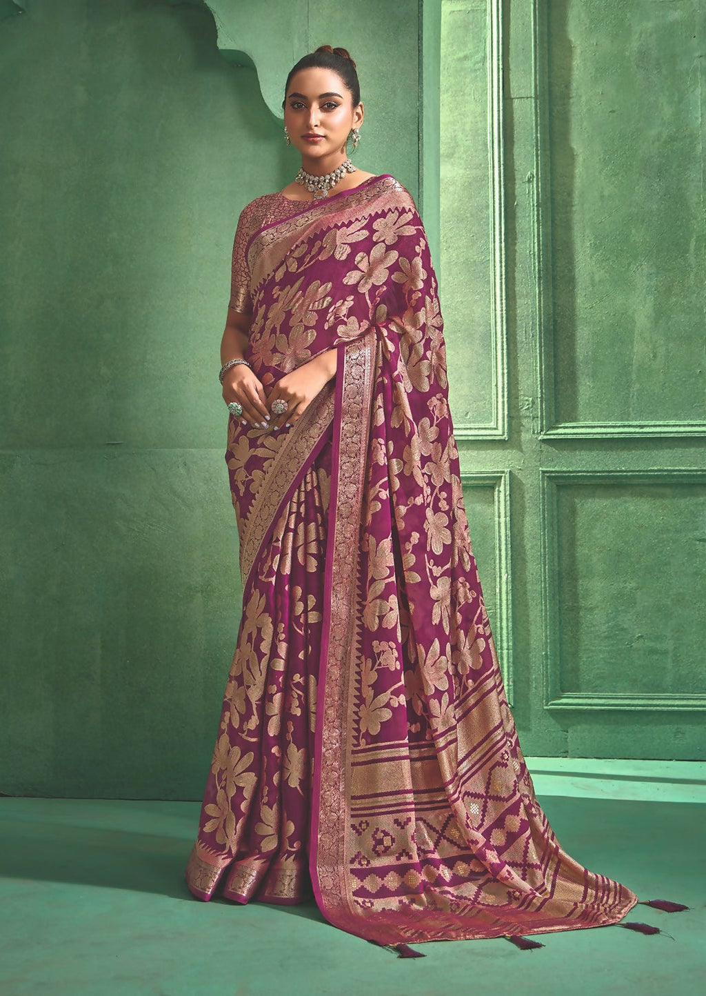 Joban Fashion Deep Magenta Dull Moss Brasso With Kasab Zari Border Saree & Tassels With Brasso Blouse - Distacart