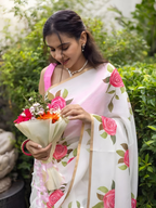 Prime Volt Women's White & Pink Floral Digital Print Soft Linen Saree With Gold Zari Border & Blouse - Distacart