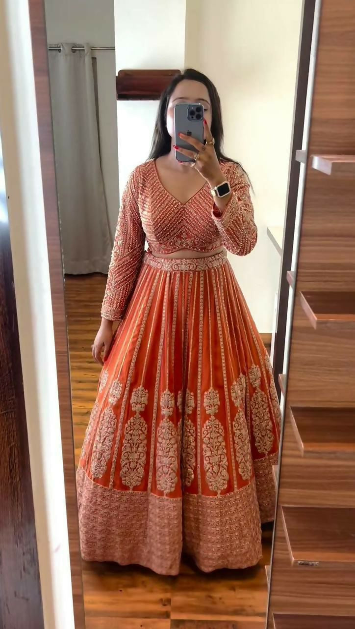 Jyoti Fashion Women's Orange Faux Georgette Sequins with Thread Embroidered Designer Lehenga Choli Set