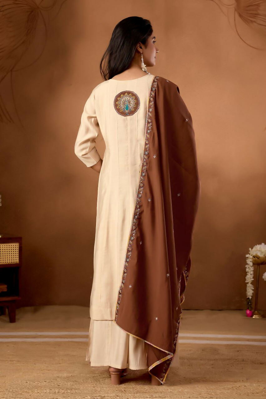 Lehenga Mart Designer Front-Slit Kurta, Paired With Wide-Leg Palazzo Pants And A Dupatta.-Cream - Distacart