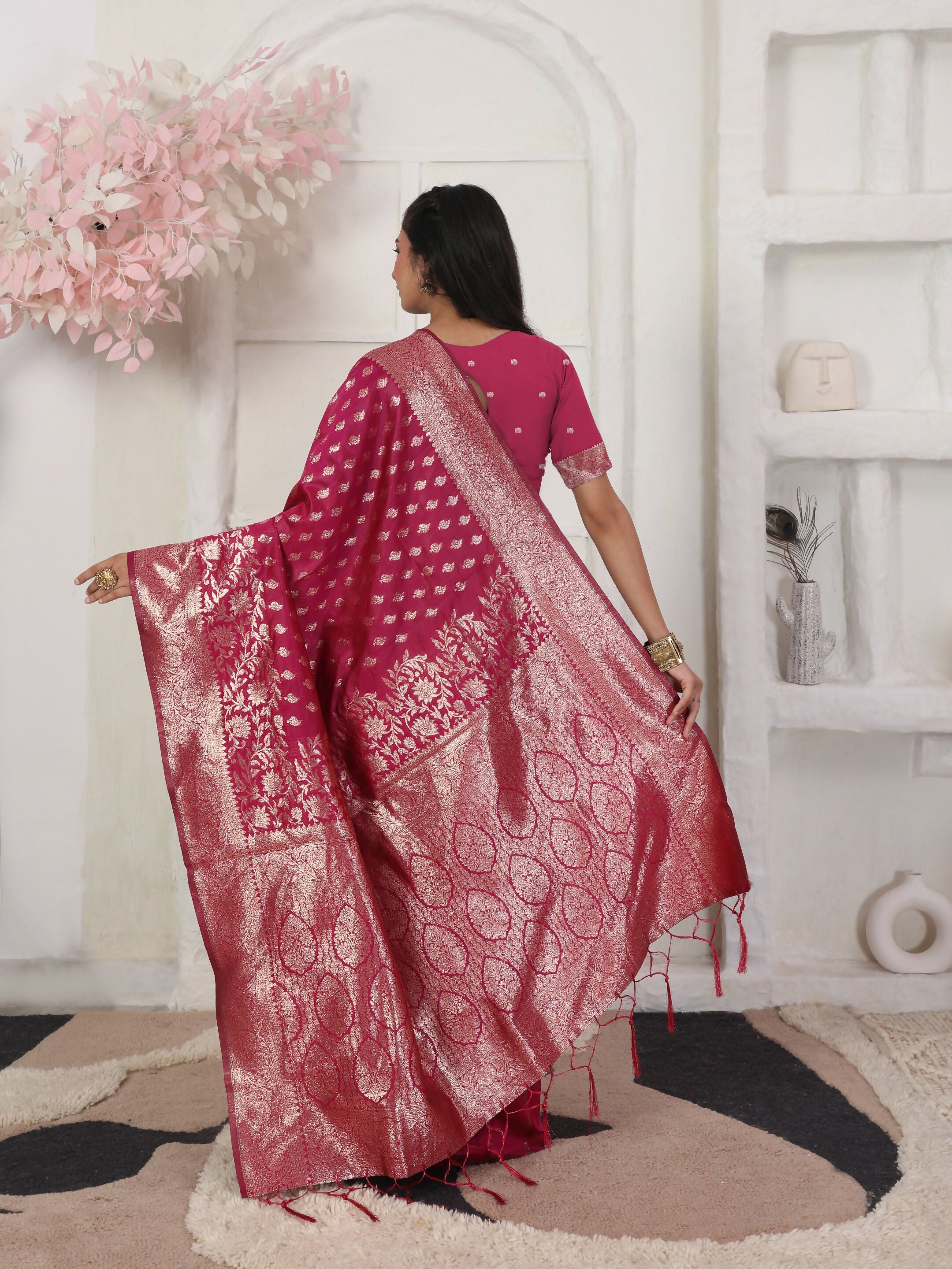 Shree Shyam Fashion Lichi Silk Wine Saree - Distacart