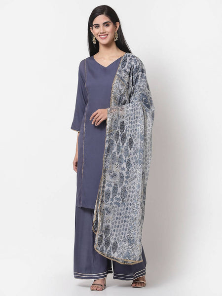Myshka Women's Grey Viscose Solid 3/4 Sleeve V Neck Casual Kurta Palazzo Dupatta Set