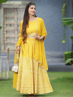Juniper Mustard Bandhani Printed Shantoon Slub Lehenga Choli & Net Dupatta Set.