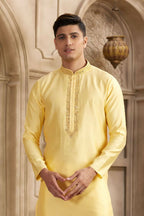 Raivat Ethnic Banarasi Art Silk Mirror Work Kurta Pajama In Yellow Colour