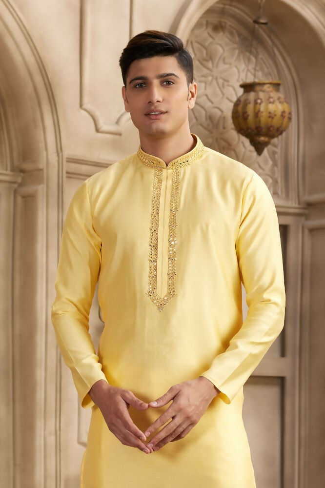 Raivat Ethnic Banarasi Art Silk Mirror Work Kurta Pajama In Yellow Colour