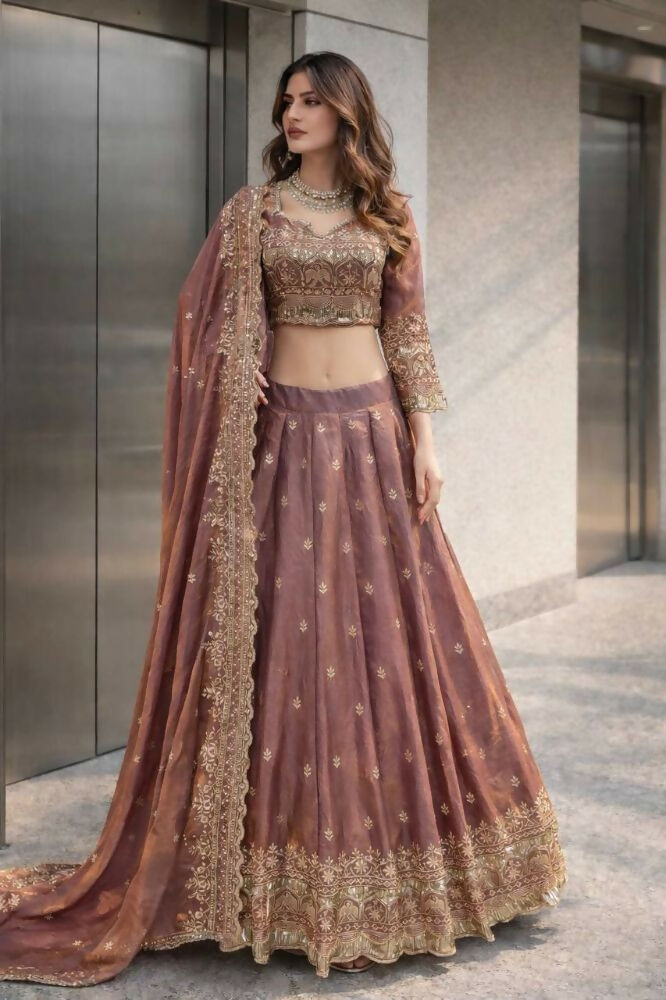 Teeya Creation Onion Color Fendy Satin Heavy Embroidery Work Wedding Wear Stitched Lehenga Choli - Distacart