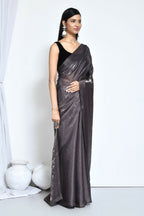 Grey Satin Silk Stone Work Festive Saree - Nimaya Denzy