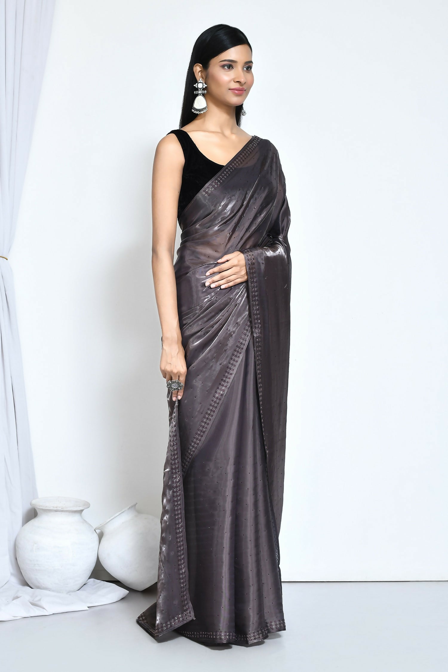 Grey Satin Silk Stone Work Festive Saree - Nimaya Denzy